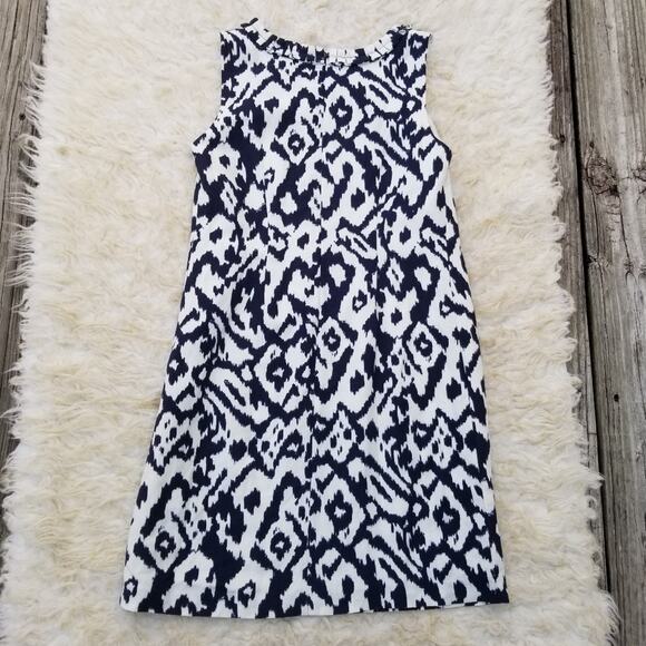 Linen Ikat Print Dress Ann Taylor LOFT Sz 0 Navy White Sleeveless Ruffle Collar - Picture 8 of 9